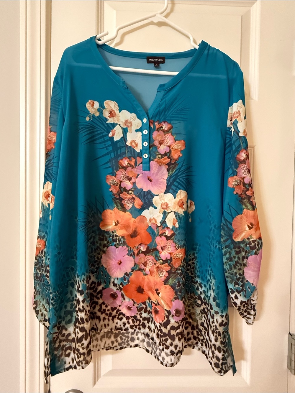 NWT Multiples Floral and Leopard Print Tunic Sheer New Size Large
